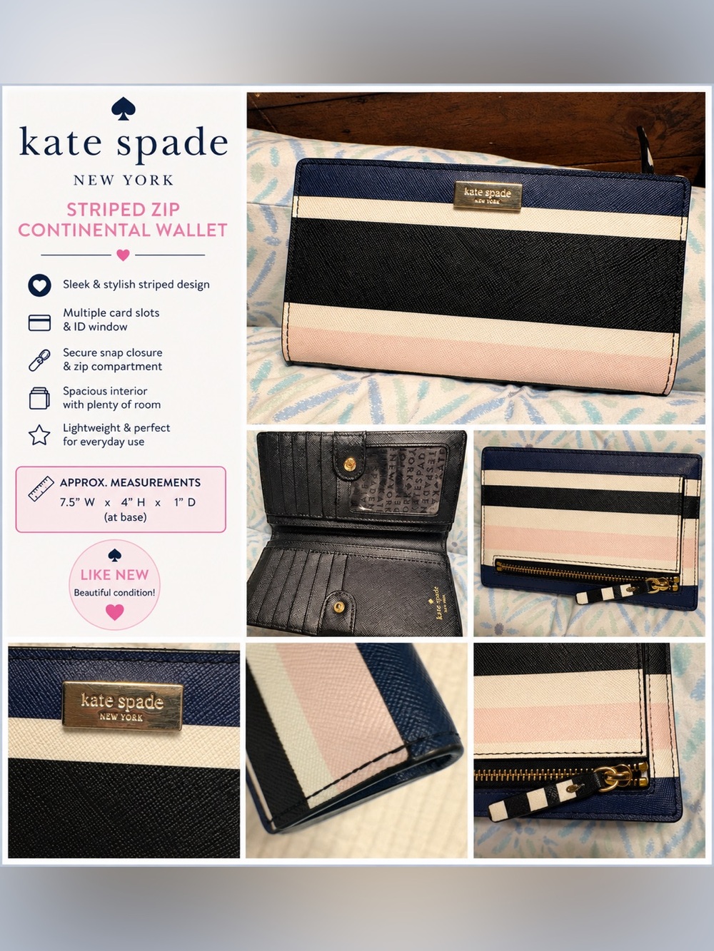 Kate Spade New York Striped Continental Wallet | Navy Multi | Like New